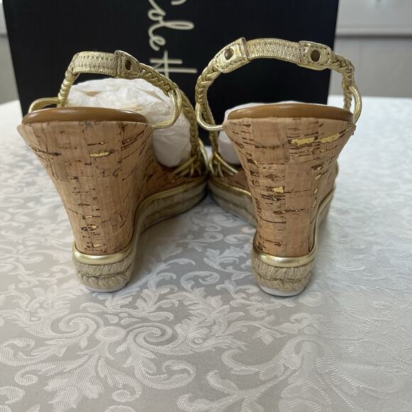 Cole Haan Andra 8.5 Gold Leather Braided Slingback Cork Wedge Sandals Womens 4" - Picture 3 of 8